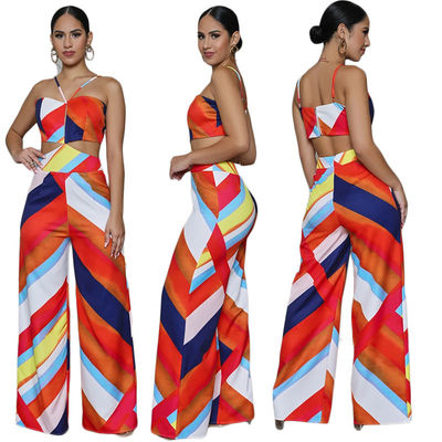 Pantalon de Large-jambe de salopette de licou d'impression occasionnel outre de l'épaule Playsuit sans dos
