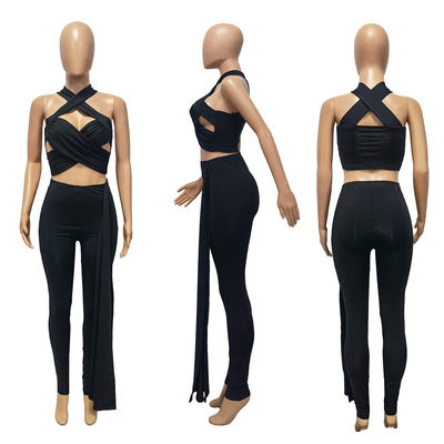Ceinturé et croisé avec le cou creusé- Lanyard Pant Suit Ladies