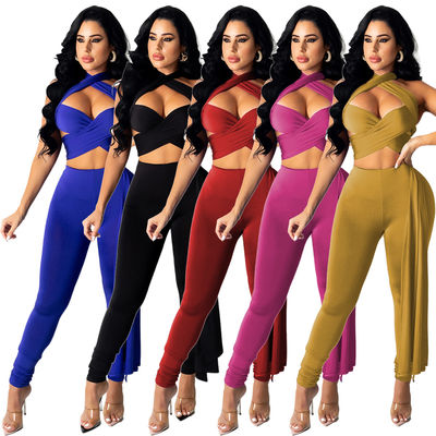 Ceinturé et croisé avec le cou creusé- Lanyard Pant Suit Ladies