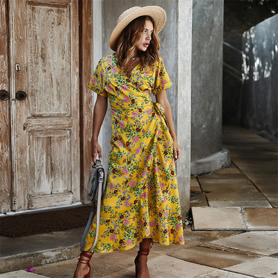 Décolleté en V occasionnel imprimé de partie de douille de short de dames Maxi Dress Polyester S XL