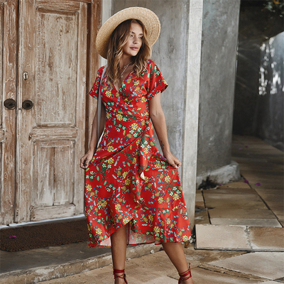 Décolleté en V occasionnel imprimé de partie de douille de short de dames Maxi Dress Polyester S XL