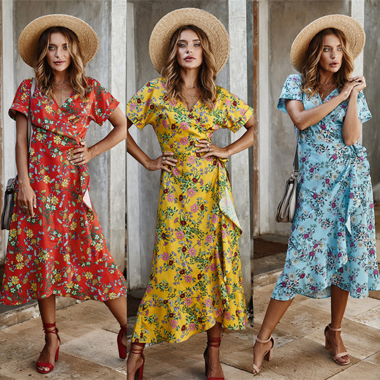Décolleté en V occasionnel imprimé de partie de douille de short de dames Maxi Dress Polyester S XL